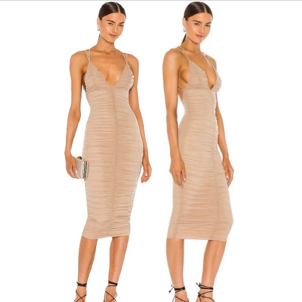 NWT Michael Costello x REVOLVE Ruched Mesh Midi Dress Women’s XXS Nude Beige